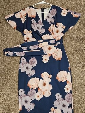 Grace Karin Navy Floral Midi Dress with Peach and Lavender Blooms